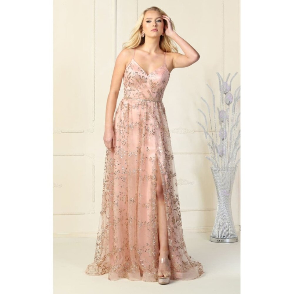 Rose Gold Formal Long V-Neck Sleeveless A-Line Dress By May Queen MQ1787